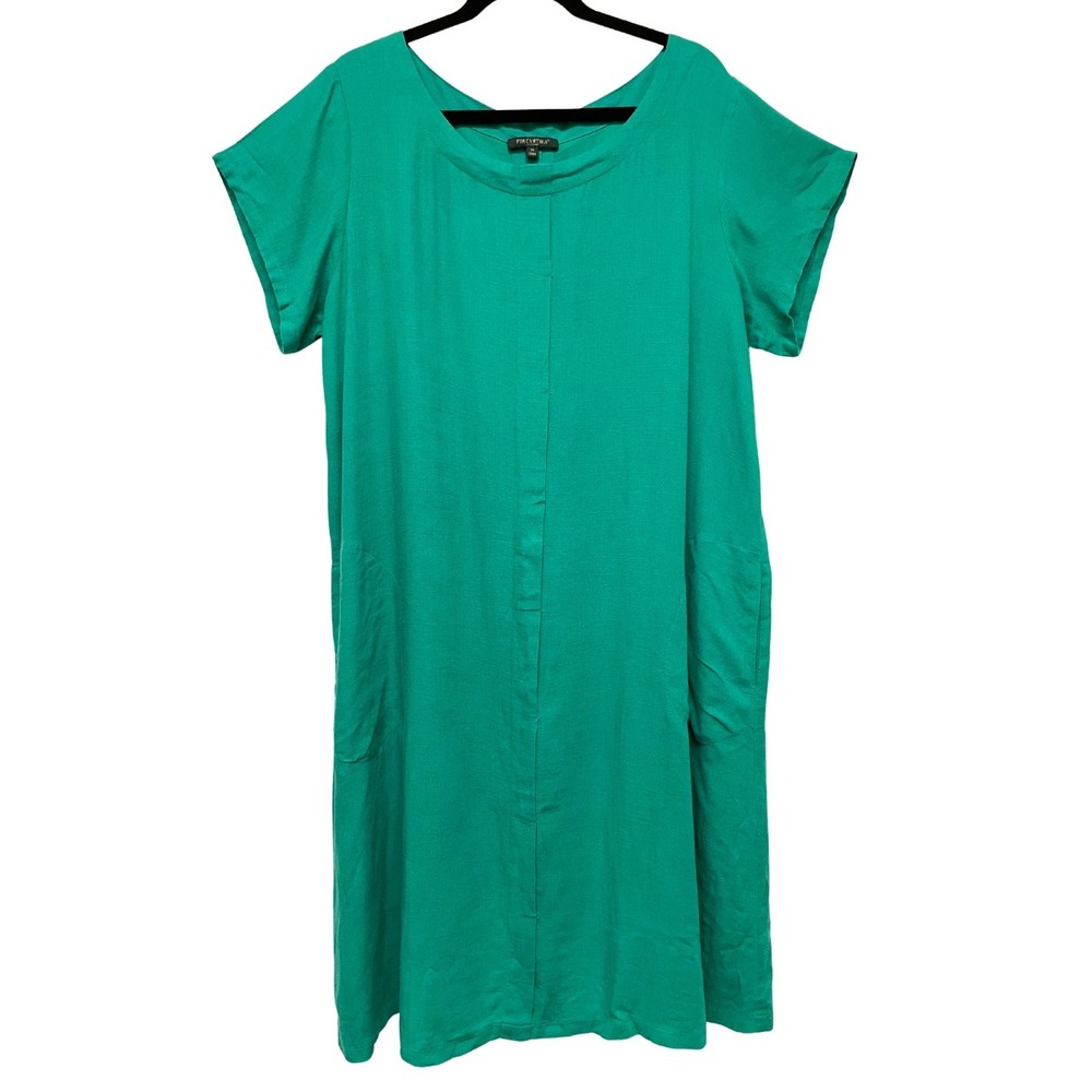For Cynthia Jade Green 1X Linen Blend Large Pockets Shift Dress